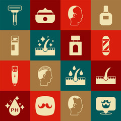 Wall Mural - Set Barbershop, Human hair follicle, Classic pole, Baldness, Oil for care treatment, Shaving gel foam, razor and Aftershave icon. Vector