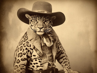 Wall Mural - An Antique Photo of a Leopard Dressed Up as a Cowboy | Generative AI