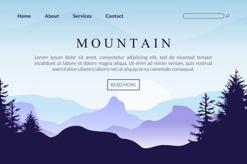 Sticker - Mountain landing page template. Explore mountains homepage, website design. Beautiful scene of nature at sunrise vector