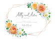Elegant, floral wedding invite, save the date card. Delicate peach orange, white yellow garden rose flowers, green eucalyptus leaves bouquet with golden geometrical frame. Editable vector illustration