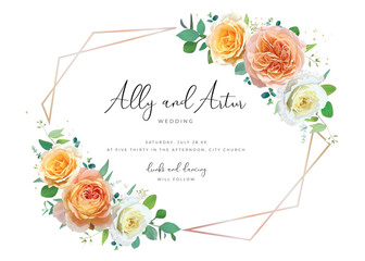 elegant, floral wedding invite, save the date card. delicate peach orange, white yellow garden rose 