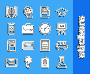 Sticker - Set line Test tube and flask chemical laboratory, School Bus, Chalkboard, Exam sheet pencil with eraser, Briefcase, Graduation cap on screen smartphone, Open book and Clock icon. Vector