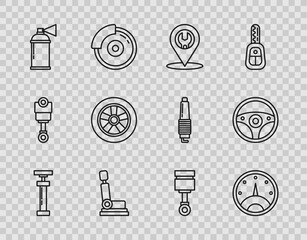 Sticker - Set line , Speedometer, Car service, seat, Paint spray can, wheel, Engine piston and Steering icon. Vector