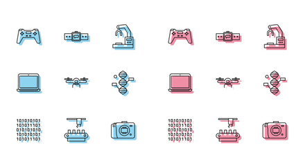 Poster - Set line Binary code, Factory conveyor system belt, Gamepad, Mirrorless camera, Drone flying, DNA symbol, Laptop and Smartwatch icon. Vector