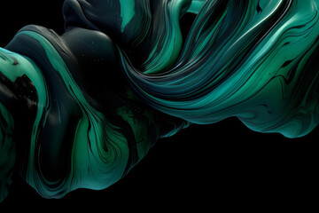 Poster - An abstract wallpaper showcases a flowing design where green meets black. Bright waves of color create a futuristic texture, the backdrop glowing with the energy of digital motion. Generative AI.