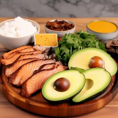 Keto diet food ingredients. Ketogenic diet. Healthy eating food. Keto food: eggs, avocado, bacon, hummus, butter. Healthy fats concept. 