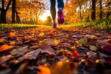 Feet Of A Jogger Run Up In Autumn Weather With Leaves On The Ground (Generative AI, Generativ, KI)