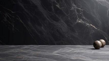 Empty grey marble tabletop with dark stone background. Generative AI