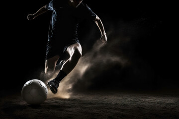 
Epic advertising photo: Soccer/Football player running, kicking ball with dust flying, flashy lighting, black background. White soccer ball. Ideal for sports, advertising