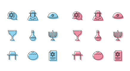 Sticker - Set line Orthodox jewish hat, Jewish sweet bakery, Star of David, Torah scroll, wine bottle, Hanukkah menorah, goblet and icon. Vector