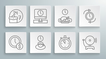 Wall Mural - Set line Time is money, Monitor time, Coffee, Stopwatch, Ringing alarm bell, Food, Clock with arrow and Always busy icon. Vector