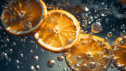 Wall Mural - ripe orange slices fall into the water with a splash .Generative AI