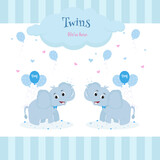 Fototapeta Dinusie - Happy birthday  twins blue  card with two elefants, balloons, hearts clouds for 2 boys 