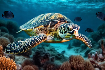 Wall Mural - photo of Sea turtle in the Galapagos island. Tropical beach background underwater animal