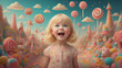 blond cute happy little kid girl  in candy land. Generative AI