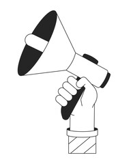 Holding megaphone bw concept vector spot illustration. Loudspeaker 2D cartoon flat line monochromatic first view hand for web UI design. Advertising marketing editable isolated outline hero image