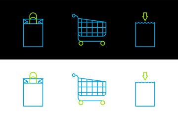 Poster - Set line Paper shopping bag, and Shopping cart icon. Vector