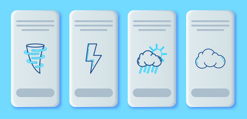 Sticker - Set line Lightning bolt, Cloud with rain and sun, Tornado and icon. Vector