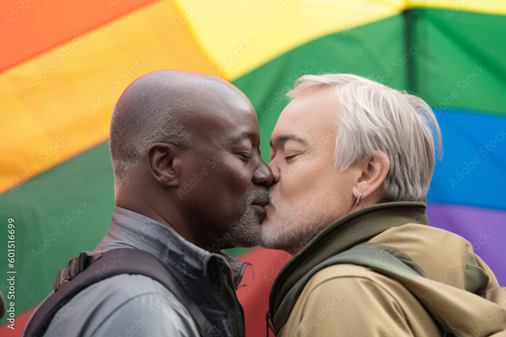 lgbtq, interracial gay couple kissing in front of pride flag. 2 middle ...