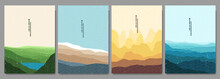 Vector Illustration. Linear Japanese Pattern. Misty Mountain Peaks, Water By Hills, Desert. Colorful Background. Asian Style. Design For Poster, Postcard, Cover, Brochure, Layout. Retro Wall Art