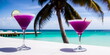 A purple cocktail in a glass on a white table against the background of a sea beach on a bright sunny day under palm trees. Generative AI.