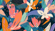 © Eli Berr - Modern colorful tropical floral pattern. Cute botanical abstract contemporary seamless pattern. Hand drawn unique print