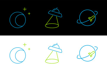 Poster - Set line Planet, Moon and stars and UFO flying spaceship icon. Vector