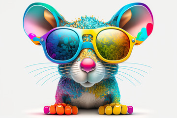 Cartoon colorful rat with sunglasses on white background. Created with generative AI