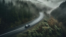 A Gray Sports Car Driving On A Wet Road On A Rainy Autumn Day Through A Foggy Forest With A Cloudy Sky. Generative AI