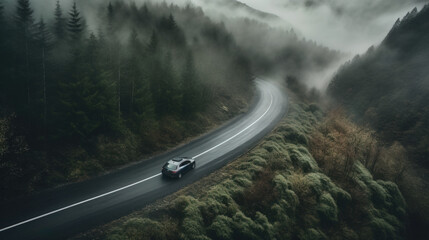 A gray sports car driving on a wet road on a rainy autumn day through a foggy forest with a cloudy sky. Generative AI