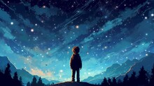 Illustration Of A Boy Looking At Night Starry Sky. Generative AI