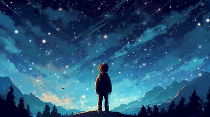 illustration of a boy looking at night starry sky. Generative AI