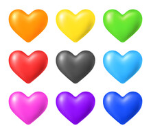 3D Hearts Collection Isolated On White Background. Red, Orange, Yellow, Green, Blue, Purple, Pink And Black Colors. Set Of Isolated Vector Design Elements For Icon, Button, Greeting Card, Invitation.