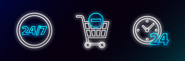 Wall Mural - Set line Clock 24 hours, and Remove shopping cart icon. Glowing neon. Vector