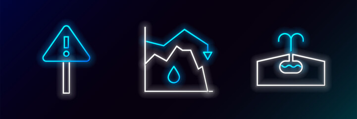 Sticker - Set line Oilfield, Exclamation mark in triangle and Drop crude oil price icon. Glowing neon. Vector