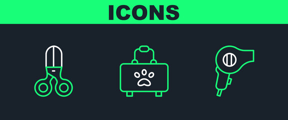 Sticker - Set line Hair dryer, Scissors hairdresser and Pet first aid kit icon. Vector