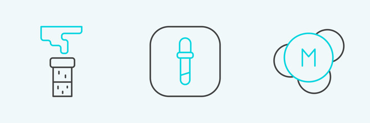 Sticker - Set line Molecule, Test tube and flask and Pipette icon. Vector