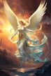 © tilialucida - A painting of an angel flying over a body of water. Generative AI.
