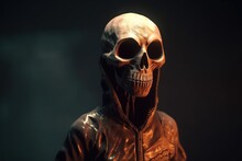 Cool Skeleton In A Leather Jacket Standing In A Dimly Lit Room Generative AI