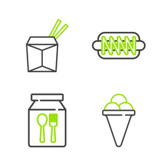 Sticker - Set line Ice cream in waffle cone, Online ordering and delivery, Hotdog sandwich and Asian noodles chopsticks icon. Vector