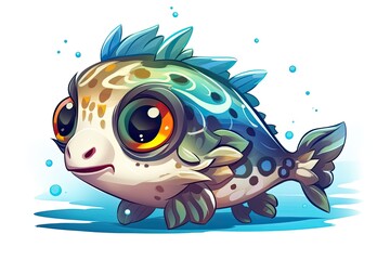 Sticker - cute cartoon fish with big eyes swimming in a blue water background Generative AI