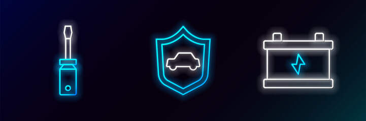 Wall Mural - Set line Car battery, Screwdriver and with shield icon. Glowing neon. Vector