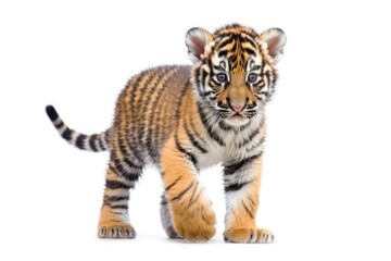 Canvas Print - cute tiger cub walking on a white background Generative AI