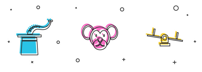 Sticker - Set Magician hat, Monkey and Seesaw icon. Vector