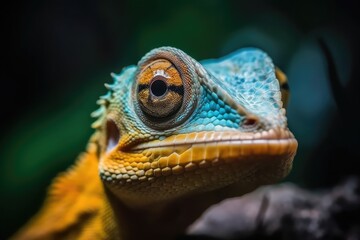 Poster - close up of a blue and yellow lizards face Generative AI