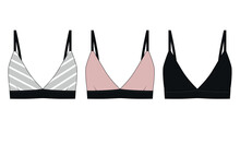 Collection Of Vector Drawings Of Fashionable Women's Bras On Wide Black Elastic Band. Swimsuit Pattern In Pink, Black Colors. Sketch Of Comfortable Cotton Bras Simple Cut, In A Casual Style.
