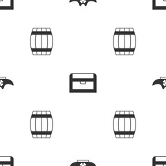 Wall Mural - Set Pirate hat, Antique treasure chest and Wooden barrel on seamless pattern. Vector