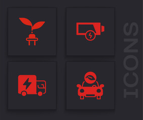 Sticker - Set Eco car, Electric saving plug in leaf, Low battery and truck icon. Vector