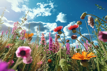 Canvas Print - a colorful image of flowers in a field against a blue sky. wildflowers on a very sunny day, view fro