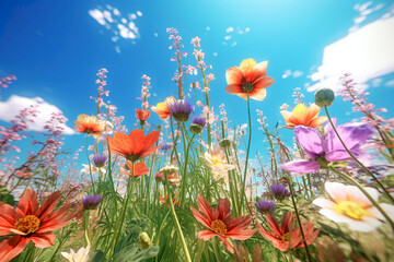 Canvas Print - a colorful image of flowers in a field against a blue sky. wildflowers on a very sunny day, view fro